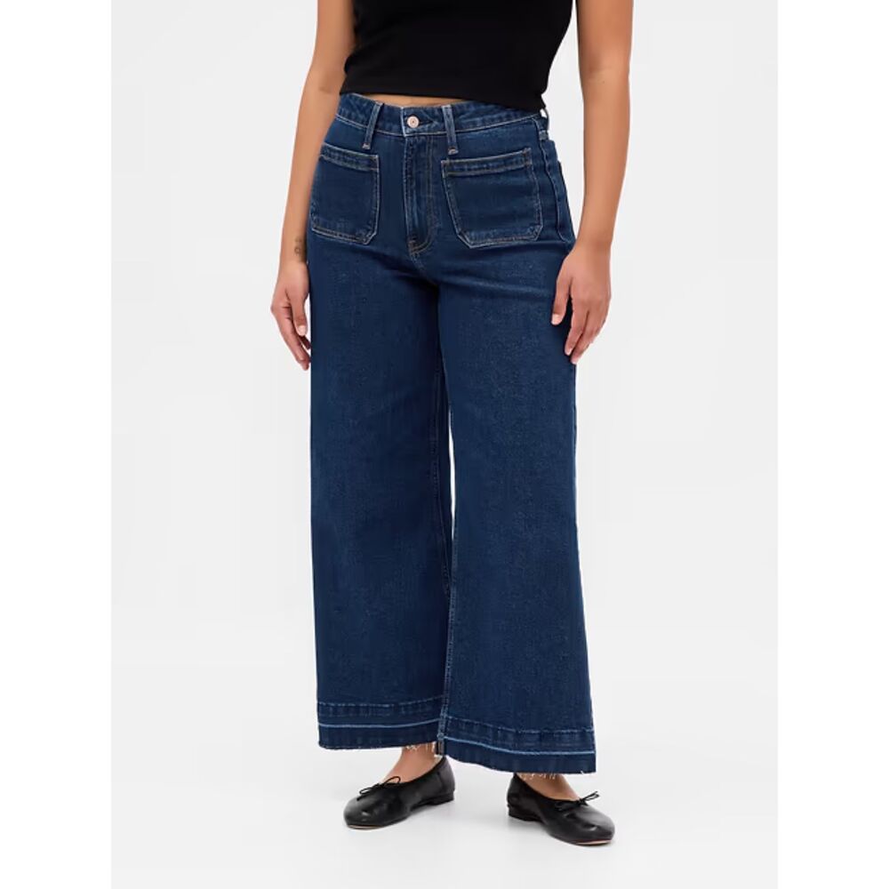 GAP 28 6P High Rise Stride Ankle Wide Leg Jeans Dark Indigo Patch Pocket Raw Hem